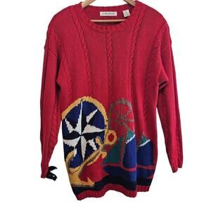 Vintage Chaus Sweater Womens Medium Red 90s Knit Nautical Sweater Sail Boat